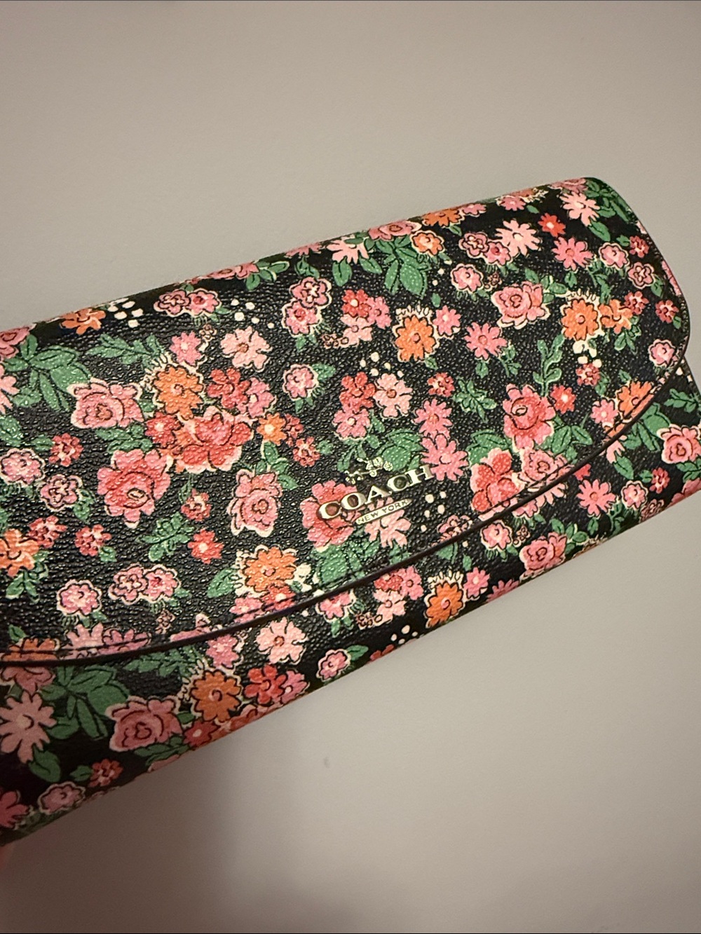 COACH Black Floral Leather Continental Zip Wallet